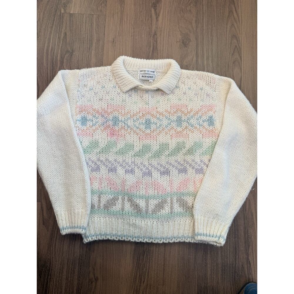 Vintage J.J. Farco Hand Knit Collared Sweater Women’s M Fair Isle Chunky Knit